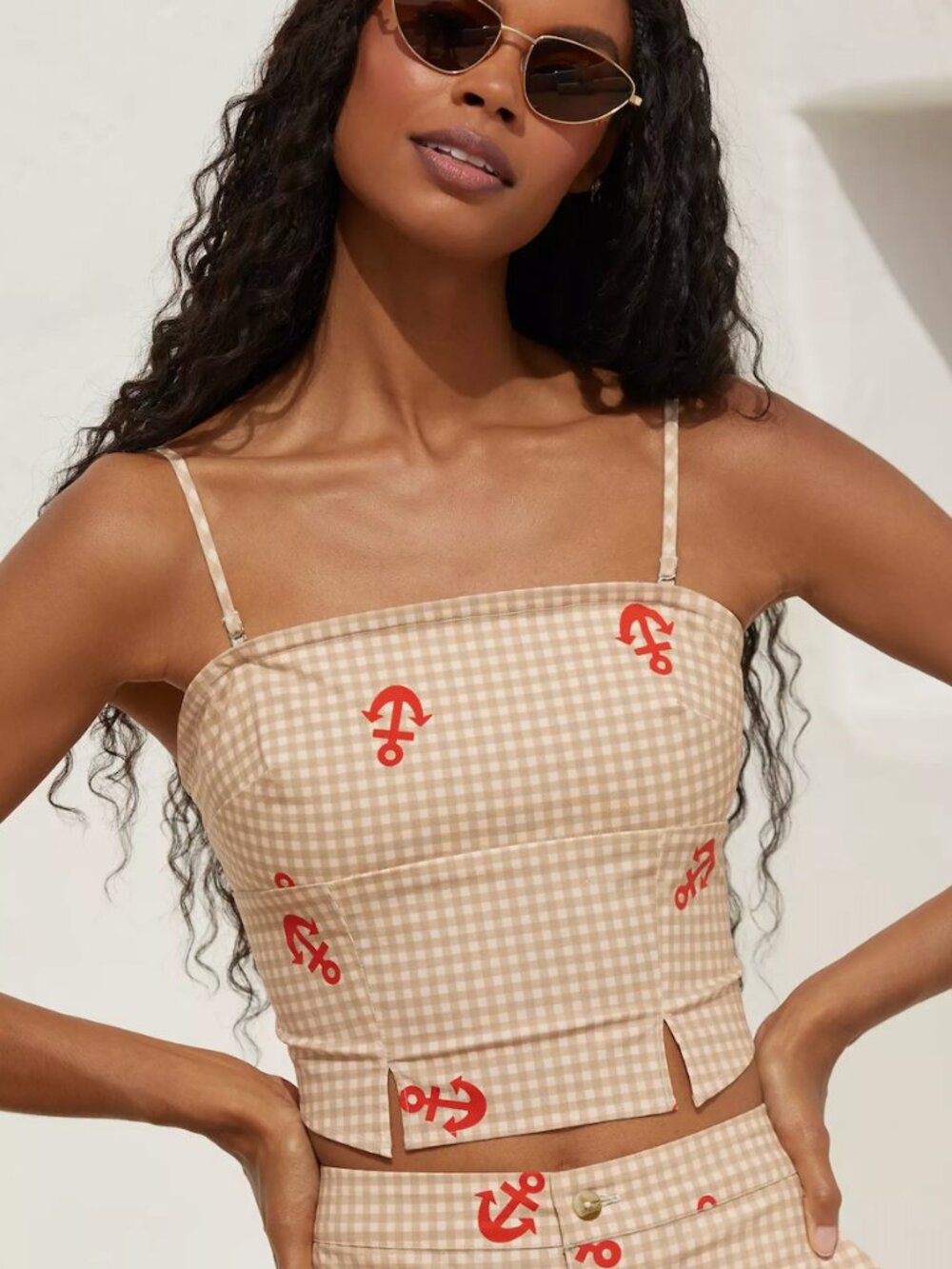 Anthro Celandine Beige Gingham Anchor Print Spaghetti Strap Crop Top  Size Small